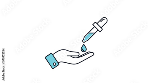 Medical or cosmetic treatment concept showing a hand receiving a single liquid drop from a professional glass pipette.