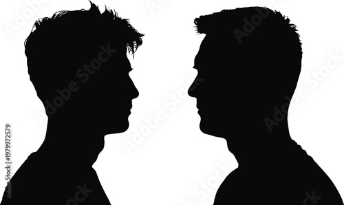 Two men face to face silhouette profiles, male communication and confrontation concept, friendship or conflict discussion, black and white vector illustration isolated background