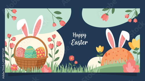 Charming Easter banner featuring a basket full of decorated eggs with bunny ears and a cute rabbit hiding behind a large egg in a flower field.