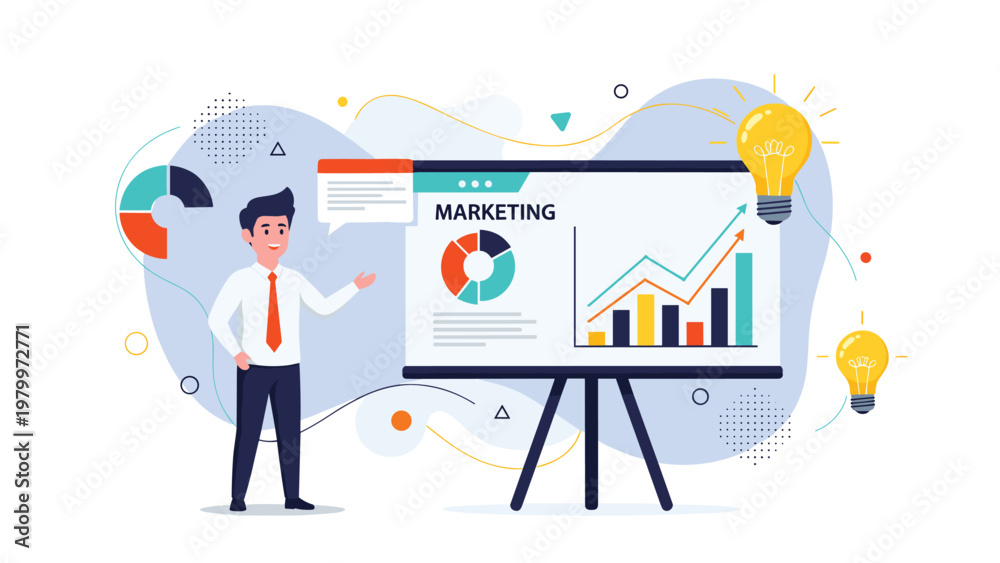 Naklejka premium Professional businessman presenting marketing strategies on a large board with charts and graphs inspired by bright light bulb ideas.
