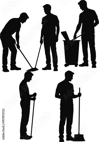 cleaning worker silhouettes set, janitor staff collection, housekeeping service people icons, уборка tools, mop broom bucket, professional sanitation vector illustration bundle