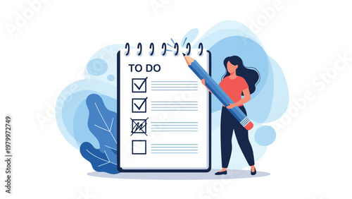 Productive woman using a giant blue pencil to check off completed tasks on a large spiral to-do list notepad.