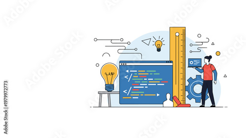Creative web development illustration shows a developer working on code with a large lightbulb and design tools in the background.