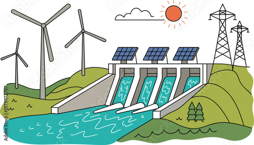 Renewable Energy Power Plant with Wind Turbines Solar Panels and Dam Illustration