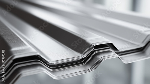 Stacked corrugated metal roofing sheets with clean industrial lines and modern construction material detail