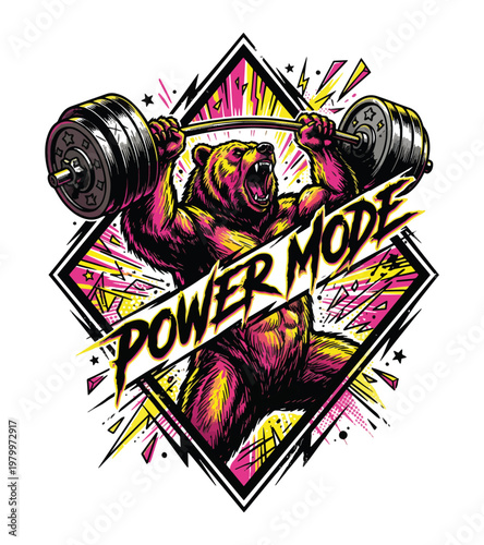 Aggressive grizzly bear lifting heavy barbell demonstrating immense power and strength in dynamic stylized illustration isolated on transparent background vintage retro gym t-shirt design