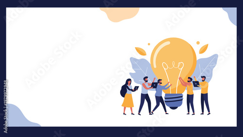 Collaborative group of diverse office workers joins forces to support and lift a giant glowing lightbulb representing a big idea.