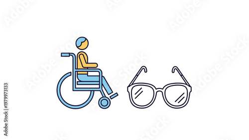 Healthcare and accessibility icons representing a person in a wheelchair and a pair of vision correction glasses in a simple style.