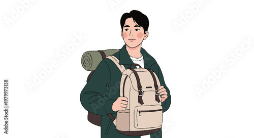 Young adult hiker with backpack and sleeping bag isolated on white background