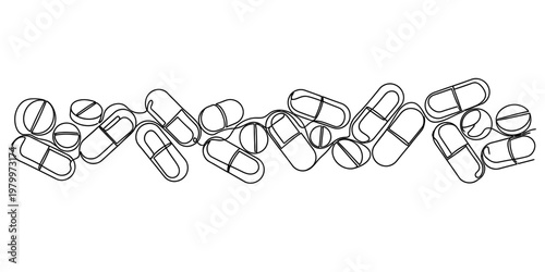 A simple black and white line art illustration showing a scattered collection of various pills.