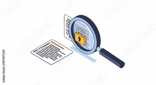 Cybersecurity and Data Protection Concept: Isometric Illustration of Magnifying Glass Examining Secured Documents with a Padlock Icon for Privacy Audit
