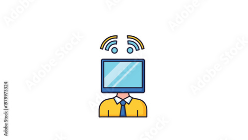 Metaphorical illustration of a modern office worker with a computer monitor for a head and wifi signals symbolizing constant connectivity.