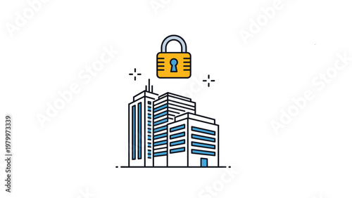 Concept of corporate security and urban safety featuring a group of modern office buildings under a large golden padlock symbol.