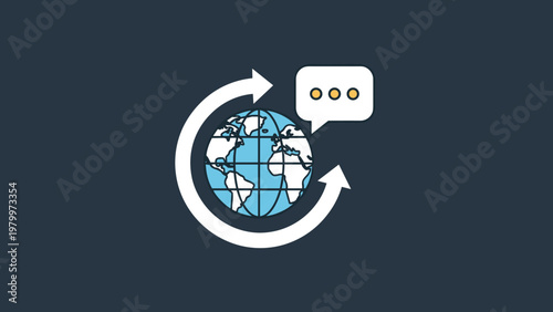 International communication and global information exchange icon featuring a rotating world globe and a message bubble.