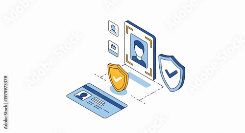 Cybersecurity and Digital Identity Verification Concept with ID Card, Biometric Facial Scanning, and Protected Shield Icons - Isometric Illustration