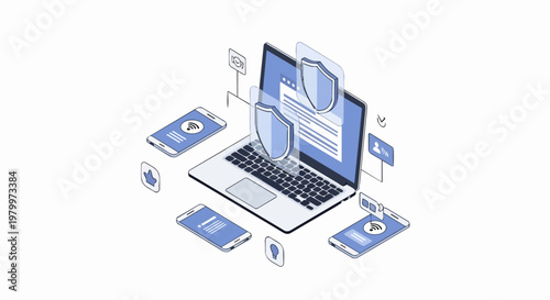 Cybersecurity and Data Protection Isometric Illustration with Laptop, Smartphones, and Digital Shield Icons for Network Safety