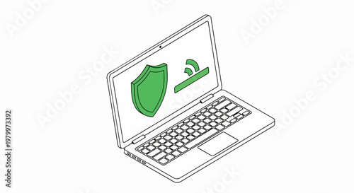 Isometric Laptop Illustration with Green Shield and Wi-Fi Icon for Cybersecurity and Network Protection Concepts