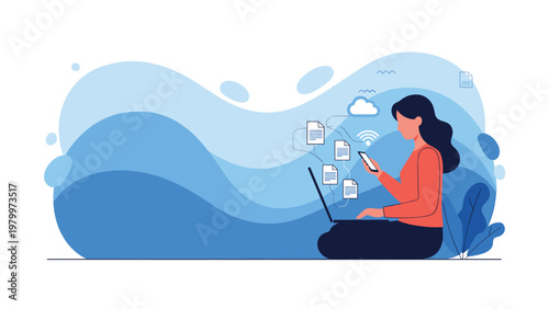 Modern woman working remotely with laptop and smartphone surrounded by digital file icons representing cloud storage and data transfer.