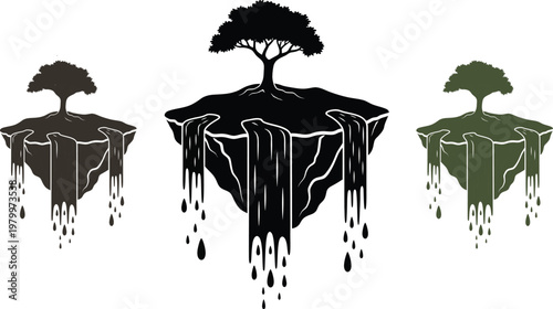 Floating Island with Waterfall and Tree Silhouette Natures Mystical Landscape Vector