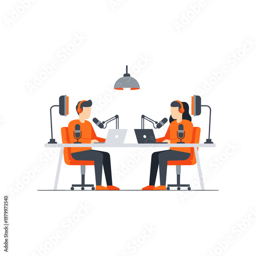 Two podcasters recording an episode in a home studio setup