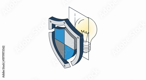 Intellectual Property Protection Concept: Isometric Shield Guarding a Glowing Light Bulb Idea