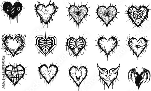 gothic heart icons set, dark love symbols collection, grunge tattoo style illustrations, spooky romantic design elements, horror aesthetic vector bundle