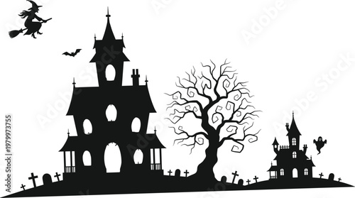 Halloween haunted house silhouette with spooky tree, witch flying, graveyard scene, dark horror landscape vector illustration isolated on white background