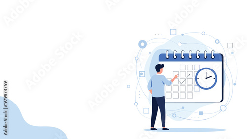 Time management and scheduling concept with a man organizing his tasks on a giant calendar featuring a clock icon.