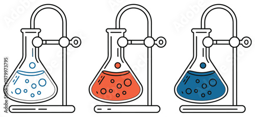 Laboratory flask icon set, three stylized beakers on stands with bubbling liquid, chemistry experiment and research symbols, science and lab analysis vector design.