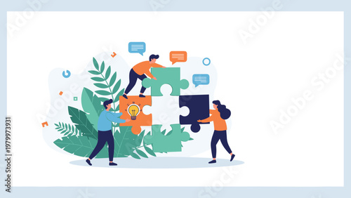 Successful teamwork concept shows three people working together to assemble giant puzzle pieces including an idea lightbulb illustration.