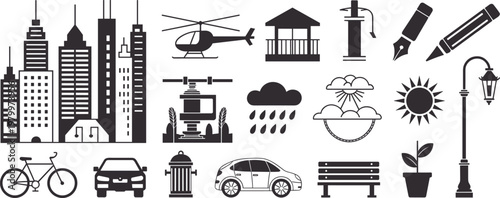 Minimalist urban city icons set with transport weather and street elements vector illustration