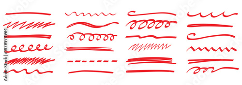 Red brush stroke underline collection. Marker red pen highlights squiggle stroke. Vector swoosh brush handwritten underline set for accent, pencil emphasis element. Vector illustration
