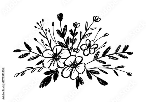 Hand-drawn black and white floral arrangement with leaves and buds white background