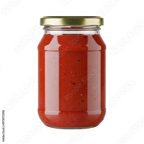 Glass jar filled with vibrant red tomato sauce or jam