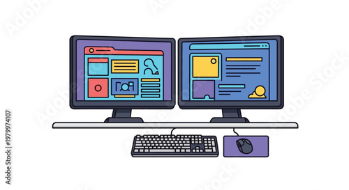 A colorful illustration of two computer monitors with a keyboard and mouse on a desk