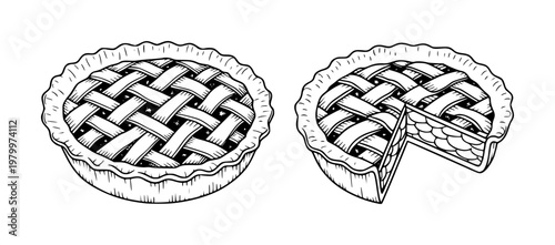 Hand-drawn black and white pies, whole and sliced, white background, food dessert