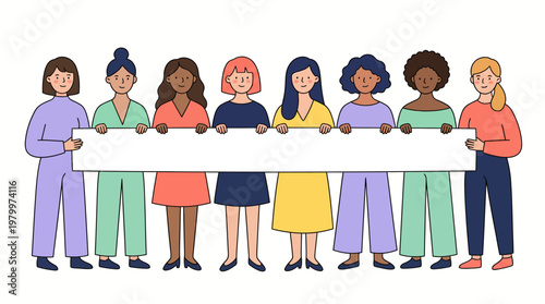 Diverse female marketing executives and office colleagues holding long horizontal blank white banner, concept for corporate announcement, team empowerment and brand identity presentation