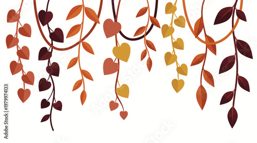 Autumn hanging vines with heart shaped and pointed leaves in warm tones on white background, concept for greeting card background, seasonal decoration and creative website banner design