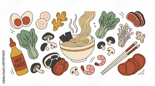 Doodle illustration of ramen bowl with fresh ingredients like egg mushroom meat and vegetables on white background, concept for restaurant menu, food poster and culinary blog