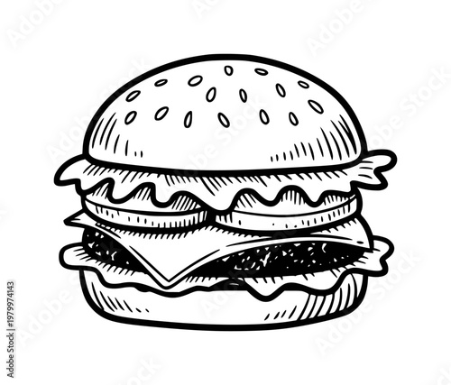 Hand-drawn of a delicious double cheeseburger with sesame seed bun white background