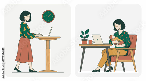 Modern female entrepreneur working on laptop while standing and sitting holding her baby in home office environment, concept for work-life balance, freelance parenting and remote career management