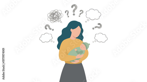Professional office manager holding newborn baby with question marks and thought bubbles over her head, concept for motherhood balance, career planning and parental mental health support