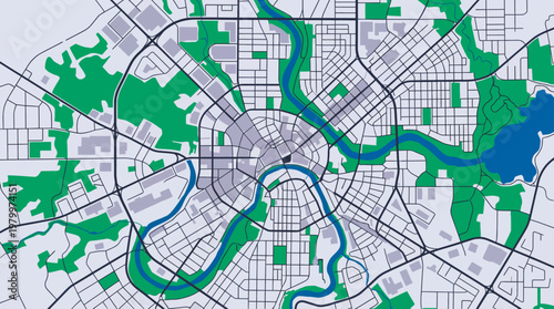 Minimalist aerial view city street map with winding blue river and green parks in urban landscape, concept for navigation system, urban planning development and digital travel guide