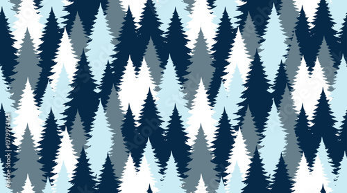 Seamless pattern of silhouette pine and fir trees in blue and white winter forest colors, concept for seasonal wrapping paper, textile fabric printing and website background decoration