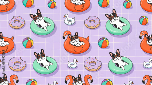 Cute french bulldog wearing sunglasses floating on colorful pool inflatables in seamless pattern background, concept for summer wallpaper, textile design and pet fashion branding
