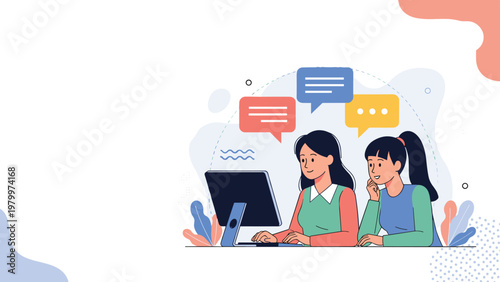 Two young women working together at a desktop computer with speech bubbles representing communication and collaborative digital work.