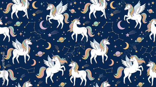 Seamless pattern of whimsical white unicorns with rainbows and stars on a dark blue space background, concept for kids nursery wallpaper, textile fabric printing and scrapbooking paper