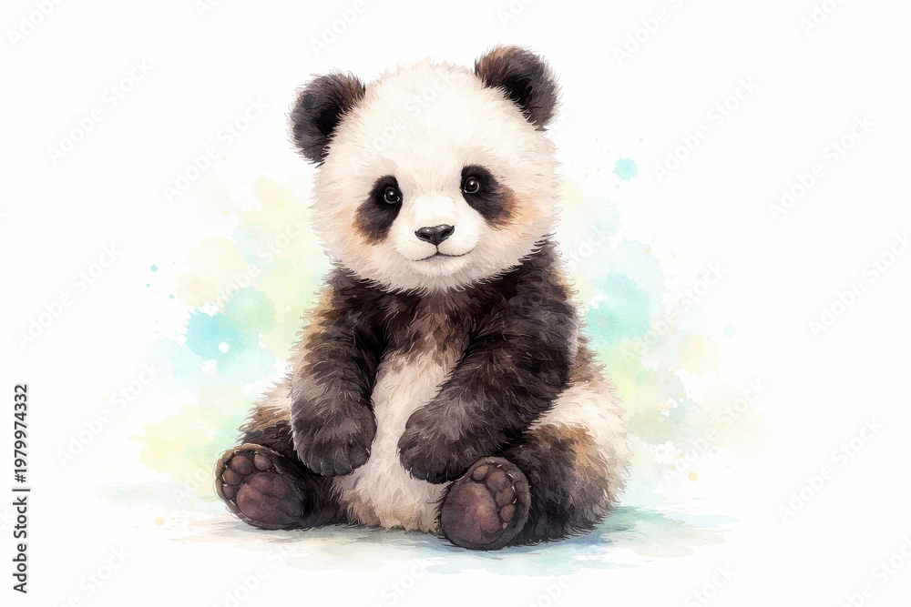 Fototapeta premium Adorable fluffy baby panda sitting and looking forward with a gentle expression isolated on transparent background