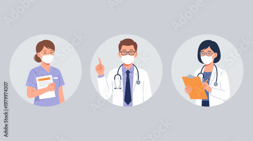 Flat vector illustration of professional medical staff wearing face masks with stethoscope and clipboard, concept for healthcare protection, hospital staff profile and medical insurance