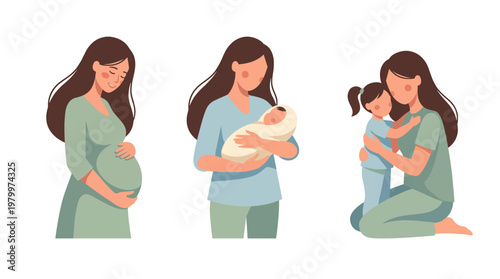 Illustration of a mother in different stages from pregnancy to holding a newborn and hugging her toddler daughter, concept for maternal healthcare education, parenting blog and childcare advertising